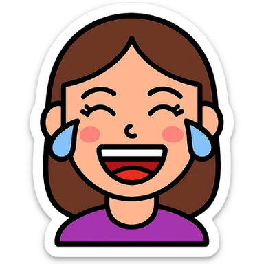 vibrant vector emoji of a female face laughing out loud, eyes tightly closed with joyful tears, wide open mouth showing teeth and tongue, flushed cheeks, expressive and lively, long eyelashes, subtle makeup details, bright colors, clean and smooth lines, playful and energetic style, clearly showing uncontrollable laughter sticker