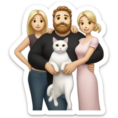 Family photo a fat husband with a beard is holding a white cat and wife with straight hair is holding another black cat sticker