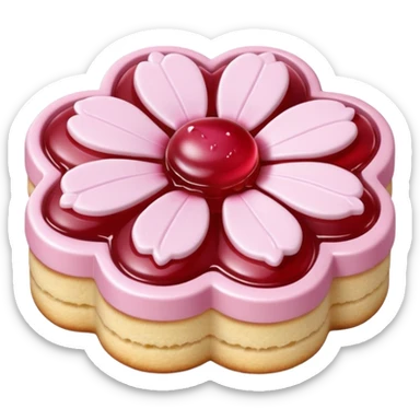 Realistic shortbread cookie in the shape of a cherry blossom with pale pink color jelly middle filling and sprinkled powder sugar on top. sticker