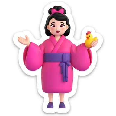quirky emoji-style character, black hair styled in oversized space buns, bold pink-red-black kimono dress with big sleeves, colorful makeup, confident and playful face, making a chicken cluck hand gesture sticker