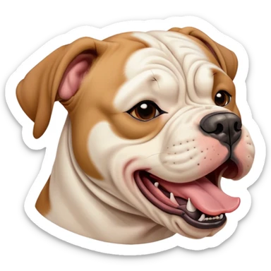 Cinematic Cute Yawning Solid Tan American Bulldog Portrait Emoji, Head tilted slightly with a dramatic, wide-open yawn, short tan fur with a velvety texture, floppy ears slightly drooping, round brown eyes barely open in drowsy contentment, Simplified yet irresistibly adorable features, highly detailed, glowing with a soft, cozy glow, high shine, relaxed yet expressive, stylized with a touch of whimsy, bright and endearing, soft glowing outline, capturing the essence of a sleepy yet affectionate pup, so drowsy it feels like it could stretch right out of the screen and curl up for a nap! sticker