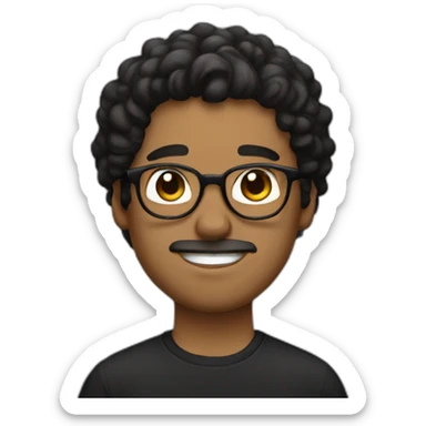 Brown guy, black eyes, black wavy hair, no facial hair, thin long nose, round glasses, black t shirt sticker