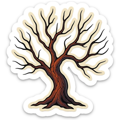 gloomy tree with thin curved branches, brown-red cracked bark, sharp black outlines, clear shadows and highlights, retro stickers style, no gradients sticker