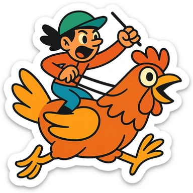 chicken jockey, vibrant cartoon style, dynamic pose, exaggerated expressions sticker
