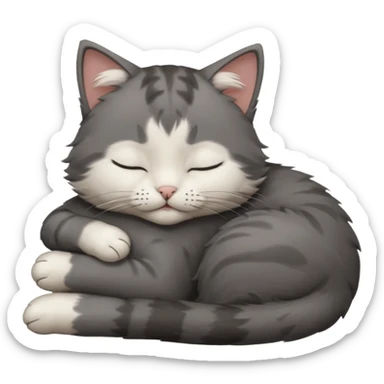 dark grey and white small cat with closed eyes, leaning his head on his paw while leaning on his elbow lying down sticker