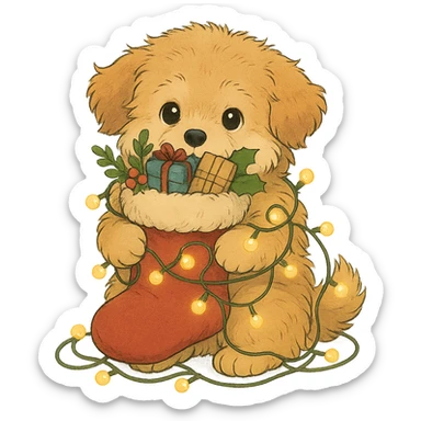 a fluffy puppy holding a Christmas stocking full of gifts and tangled in fairy lights, Ghibli style sticker