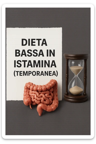 foglio di carta di una dieta con la scritta "DIETA BASSA IN ISTAMINA (TEMPORANEA), E ACCANTO CI METTI UN INTESTINO IN MINIATURA E UNA CLESSIDRA, iperrealistico 4k sticker