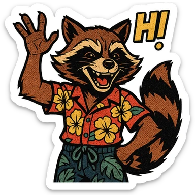 Rocket Raccoon Marvel Rivals summer skin, comic book style, waving, with text 'HI', no background, based on attached reference sticker