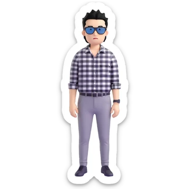 Satoru Gojo from Jujutsu Kaisen with spiky black hair, wearing black and white checkered shirt, black pants, confident expression, sunglasses on top of head sticker