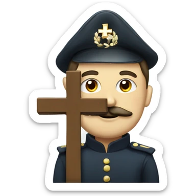 man with moustache holding a cross in a  uniform sticker