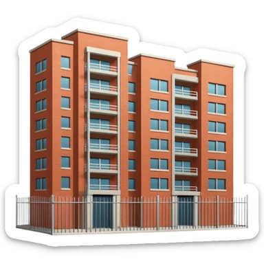9-story apartment building surrounded by fence, closed courtyard, minimal flat vector icon sticker