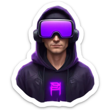 Russian man in the black hoody with violet logo on it wearing vr headset. Cyberpunk style. Violet neon. sticker