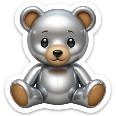 A cute teddy bear emoji made of liquid silver chrome, smooth rounded body, glossy metallic surface, soft reflections, friendly proportions, iOS emoji style, centered, clean white background sticker