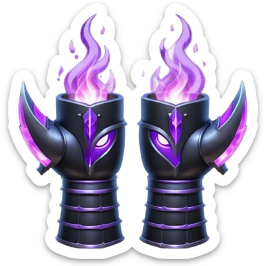 A Discord emoji of a pair of black armored gauntlets holding a flickering violet flame. The hands are positioned as if offering a gift. Dark gothic fantasy, glowing magical effects, high contrast, 2D vector style, white background. sticker