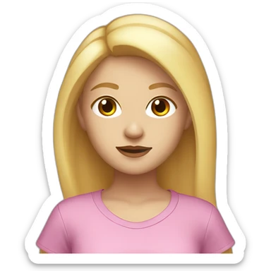 A blonde girl with smooth hair and a ray in the middle, she has light skin a few freckles, small breasts and a music t-shirt sticker