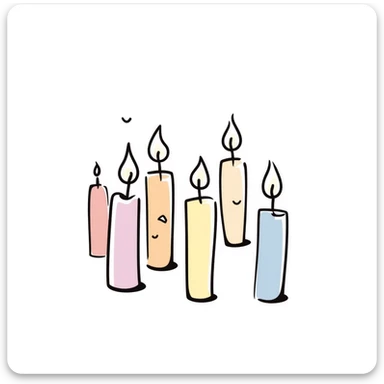 a group of candles of different heights, some lit with gentle flames, in pastel colors dd9fb0 ffc6d3 a3bfc9 c4bee2 f1b091, detailed hand-drawn doodle style sticker
