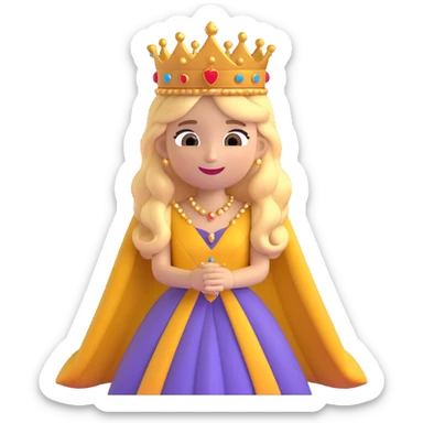 A cartoon-style princess emoji with long hair, wearing a golden crown, smiling softly, and dressed in a royal gown sticker