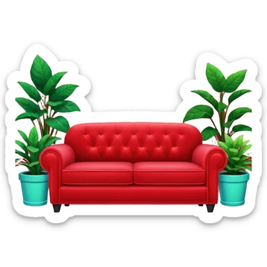 red velvet couch, mic in front, houseplants in back, and a neon sign saying "karaoke", and NO PEOPLE IN IT sticker