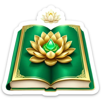 A soft emerald green magic book front cover en terciopelo, with golden details, a ray of light, or a lotus on the cover, radiating presence, tranquility, and spiritual awakening sticker