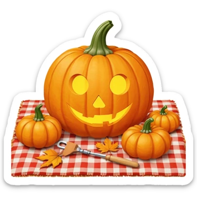 Pumpkin carving on a red gingham blanket  sticker