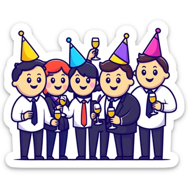 group of happy office workers celebrating with party hats, confetti and wine glasses sticker
