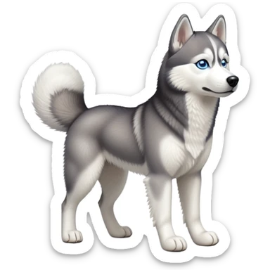cinematic-[siberian husky]-realistic-full-body-standing-emoji,-tail-resting-loosely-beside-its-paws,blue eyes-head-tilted-dramatically, -fluffy-[grey and white]-fur,-simplified-yet-realistic-focused-features,-highly-detailed,-glowing-with-an-almost-sarcastic-glow sticker