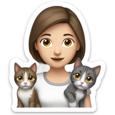 girl with brown hair with 2 cats gray and white sticker