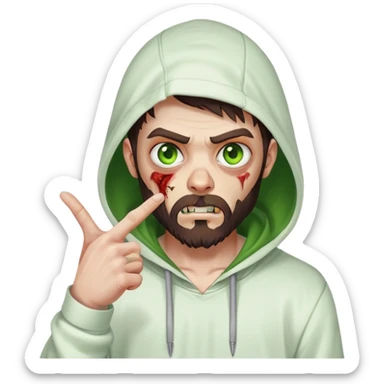 zombie pointing finger, undercut hairstyle with dark brown hair, short full beard, heterochromia with one green eye and one brown eye, wearing plain white hoodie with hood up sticker
