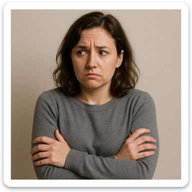 a woman with a worried face, arms crossed protectively, glancing sideways, body language showing insecurity, simple background sticker