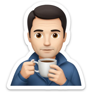A handsome 45 year old white man with dark hair in a fog drinking a cup of coffee sticker