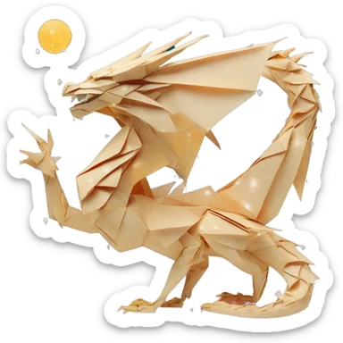 Sparkling patterned Beige Origami dragon with a dried flower crown made of newspapers intricate patterns surrounded by fairy lights nebula galaxy stars swirls iridescent orange cyan yellow sticker
