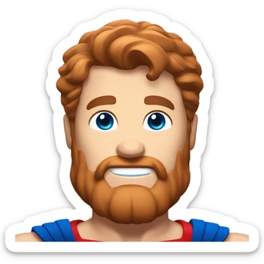Irish superman, redish hair, blue eyes, redish brownish facial hair, muscular body, smiling sticker