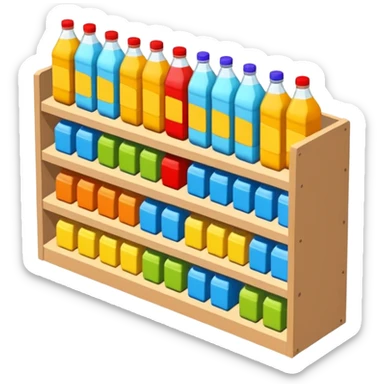 3D warehouse shelf with drinks bottles and products, 
organized retail shelves, colorful product packages, store inventory, 
transparent background, emoji style, realistic, isometric view sticker