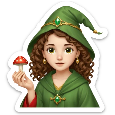 very beautiful italian girl, hazelnut brown eyes, looking like Emma Watson, with curly and big volume very bright brown hair, and a golden piercing ring in nose on left side, dressed in a beautiful wizard robe of green colors, holding red fly mushroom sticker