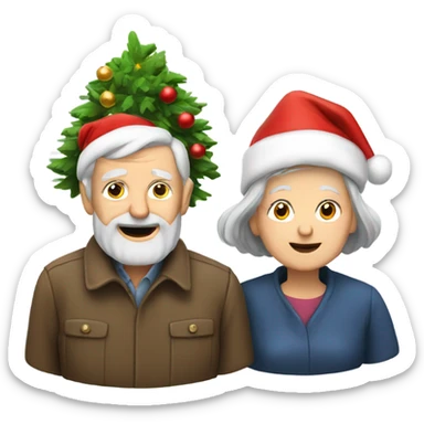 Old man and old woman with a Christmas tree on top of them sticker
