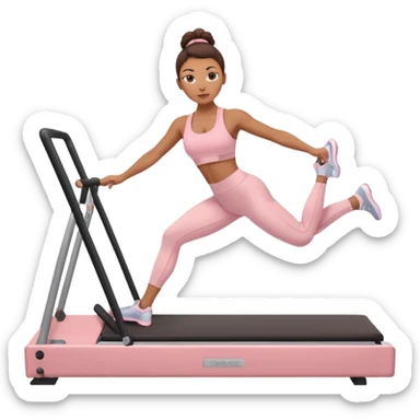 Mixed-race athletic woman with caramel skin, wearing pastel pink sports bra and leggings, doing Pilates on a reformer machine sticker