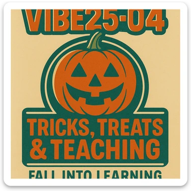 Create a logo that encompasses a retro 80's feel, nostalgic, ALSO RETRO.  Add the words "VIBE25-04: Tricks, Treats & Teaching: Fall Into Learning" sticker