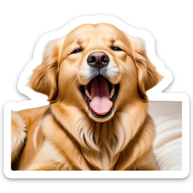 Cinematic Cute Yawning Golden Retriever Portrait Emoji, Head tilted slightly with a dramatic, wide-open yawn, showcasing a silky golden coat with a subtle shimmer, floppy ears slightly drooping, round brown eyes barely open in drowsy contentment, Simplified yet irresistibly adorable features, highly detailed, glowing with a soft, cozy glow, high shine, relaxed yet expressive, stylized with a touch of whimsy, bright and endearing, soft glowing outline, capturing the essence of a sleepy yet affectionate companion, so drowsy it feels like it could stretch out of the screen and curl up for a nap! sticker