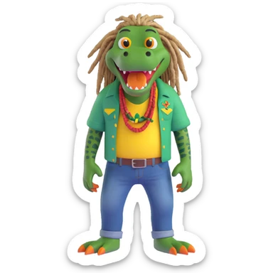 3D cartoon Rasta alligator with dreadlocks, wearing a reggae shirt and jeans, cheerful expression sticker