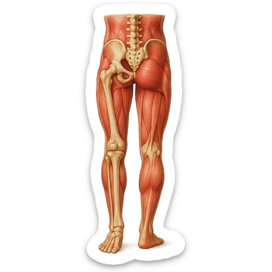 Edit the image to depict an inhibited leg (shorter than the other), in a medical anatomical style, posterior view, hyperrealism, with no background. Variation 5. sticker
