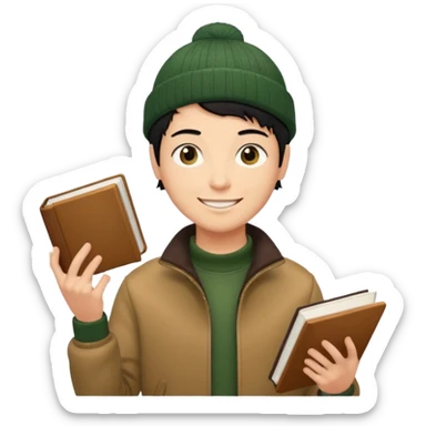 tan skin, non binary man with pixie cut black hair, wearing brown jacket and dark green beanie, smiling , holding up  book  sticker