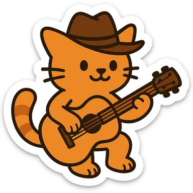 flat toon orange cowboy cat strumming an acoustic guitar sticker