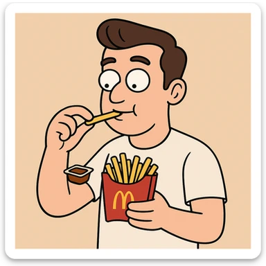 Side oil head brown hair white shirt beige shirts  eating mcdonalds fries some sauce sticker