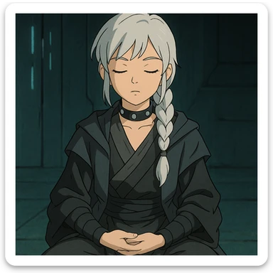  a closeup portrait of young woman with gold yellow eyes, white hair, long braid, black off-shoulder top, punk gothic style, futuristic cyberwave cyberpunk,  jedi attire, kneeling and gathering chi, jedi meditate, eyes closed hands at full rest sticker
