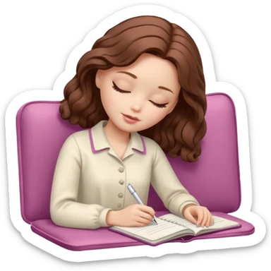 White Barbie girl dark Chestnut bob wavy hair sleeping with In pale creamy color clothes, he writes in a notebook sticker