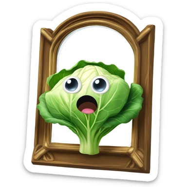 Create a 3D "White colored cabbage" with a surprised face and big shiny eyes 👀. one green leaf, white colored copta holds the mirror with its reflection 🪞 sticker