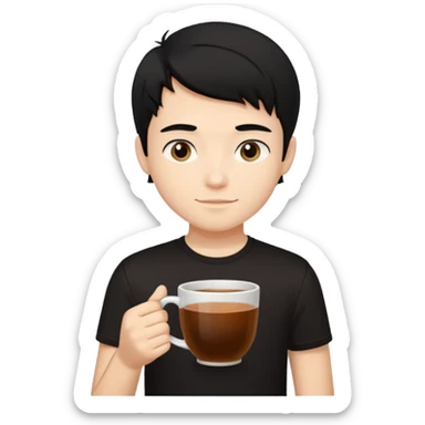 The boy teen have a black hair, and black T-shirt with a cup of tea sticker