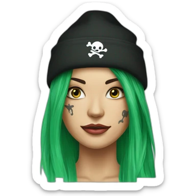 Woman long green hair on one side, tattoo on side of head. other side of head is shaved.  pirate hat. skull and crossbones t shirt sticker
