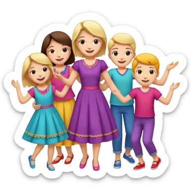 Super happy kids dancing and mom is sewing sticker