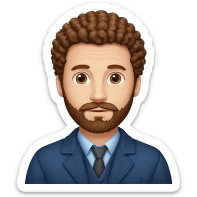 Create a white man with curly brown hair and  Van Dyke lawer sticker